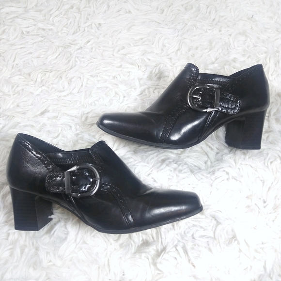 Nickles - black buckle square toe heeled booties - Picture 1 of 7